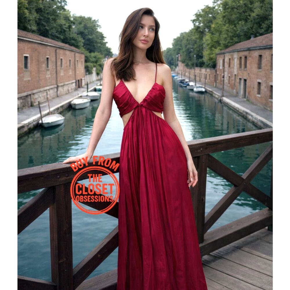 ZARA Satin Cut Out Maxi Dress NWT Burgundy Wedding Guest Resort Dress